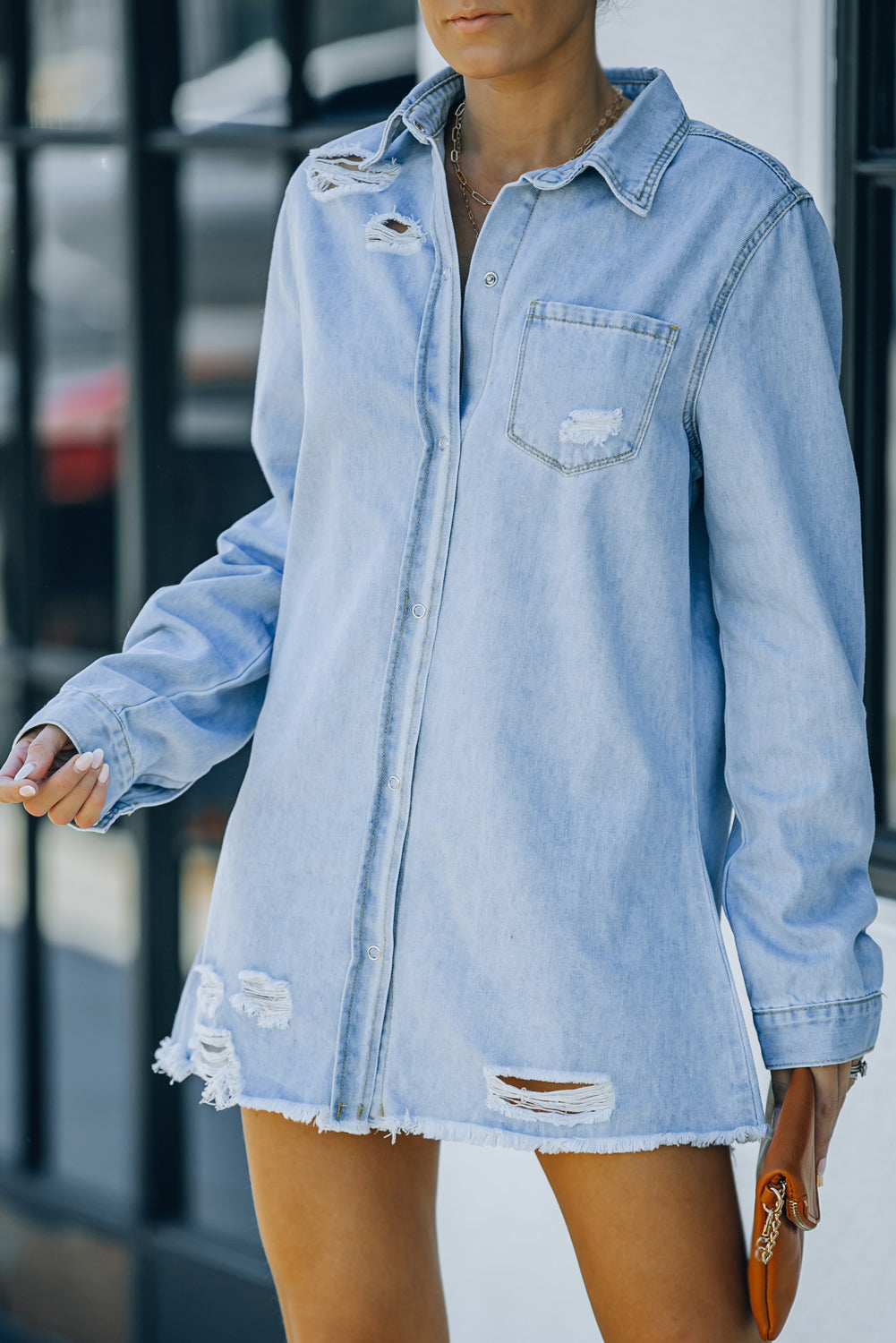 Chic Distressed Snap-Down Denim Jacket for Effortless Style