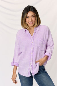 Zenana Washed Texture Button Up Raw Hem Long Sleeve Shirt