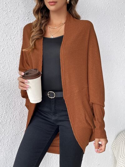 Ribbed Open Front Lantern Sleeve Cocoon Cardigan - Stylish and Comfortable Women's Sweater