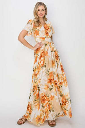 HYFVE Floral Tie Back Short Sleeve Slit Maxi Dress