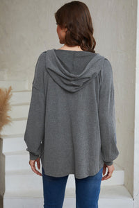 Full Size Buttoned Drop Shoulder High-Low Hoodie