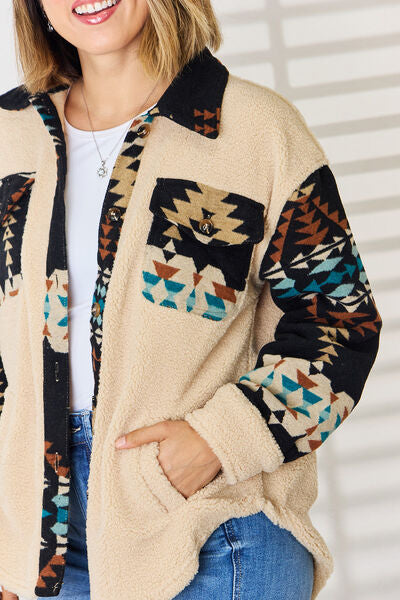 Pocketed Button Up Dropped Shoulder Jacket | Aztec Print | Stylish & Practical | Augie & April