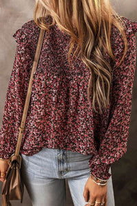 Ruffled Floral Waffle-Knit Blouse