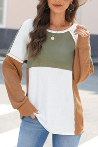 Waffle-Knit Color Block Long Sleeve Top