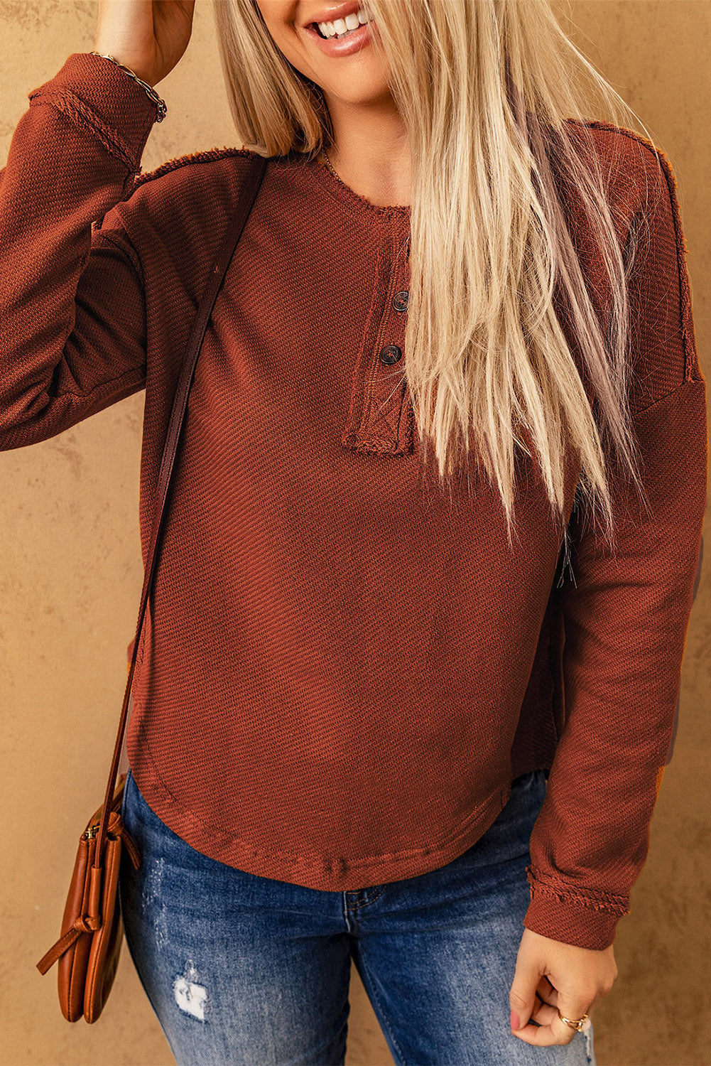 Exposed Seams Round Neck Long Sleeve Blouse