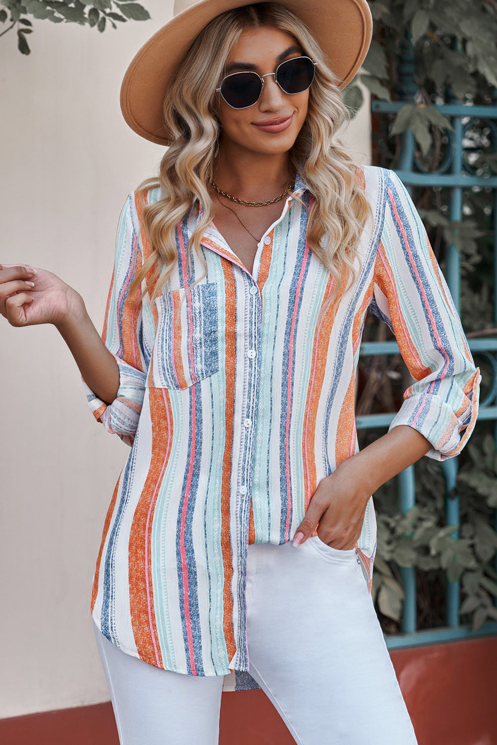 Striped Button-Up Curved Hem Shirt with Breast Pocket