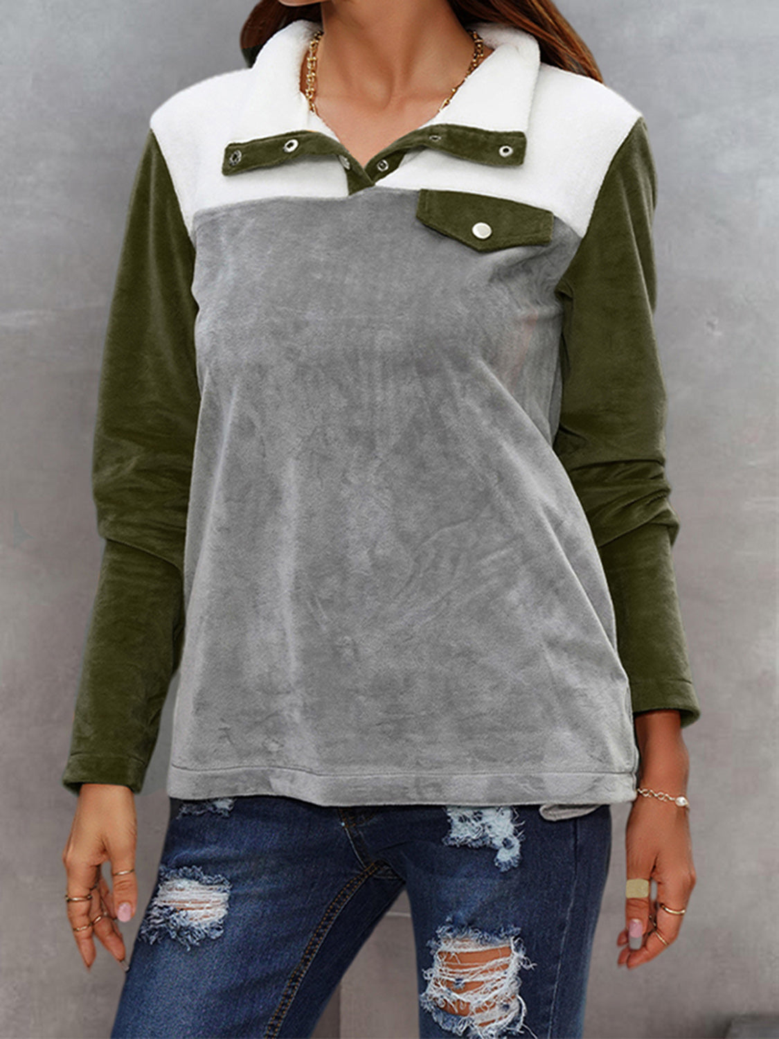 Color Block Collared Sweatshirt with Pockets