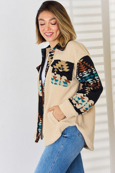 Pocketed Button Up Dropped Shoulder Jacket | Aztec Print | Stylish & Practical | Augie & April