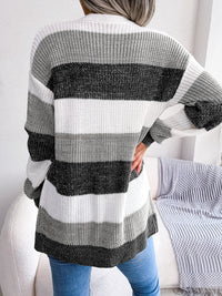 Striped Rib-Knit Open Front Longline Cardigan