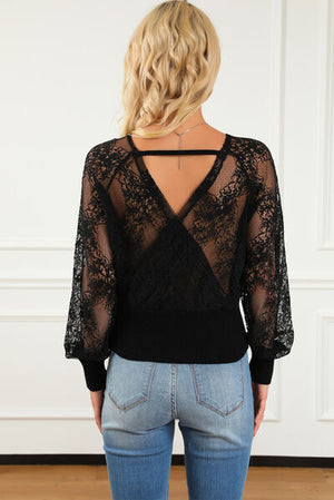 Ribbed Trim Lace Lantern Sleeve Knit Top