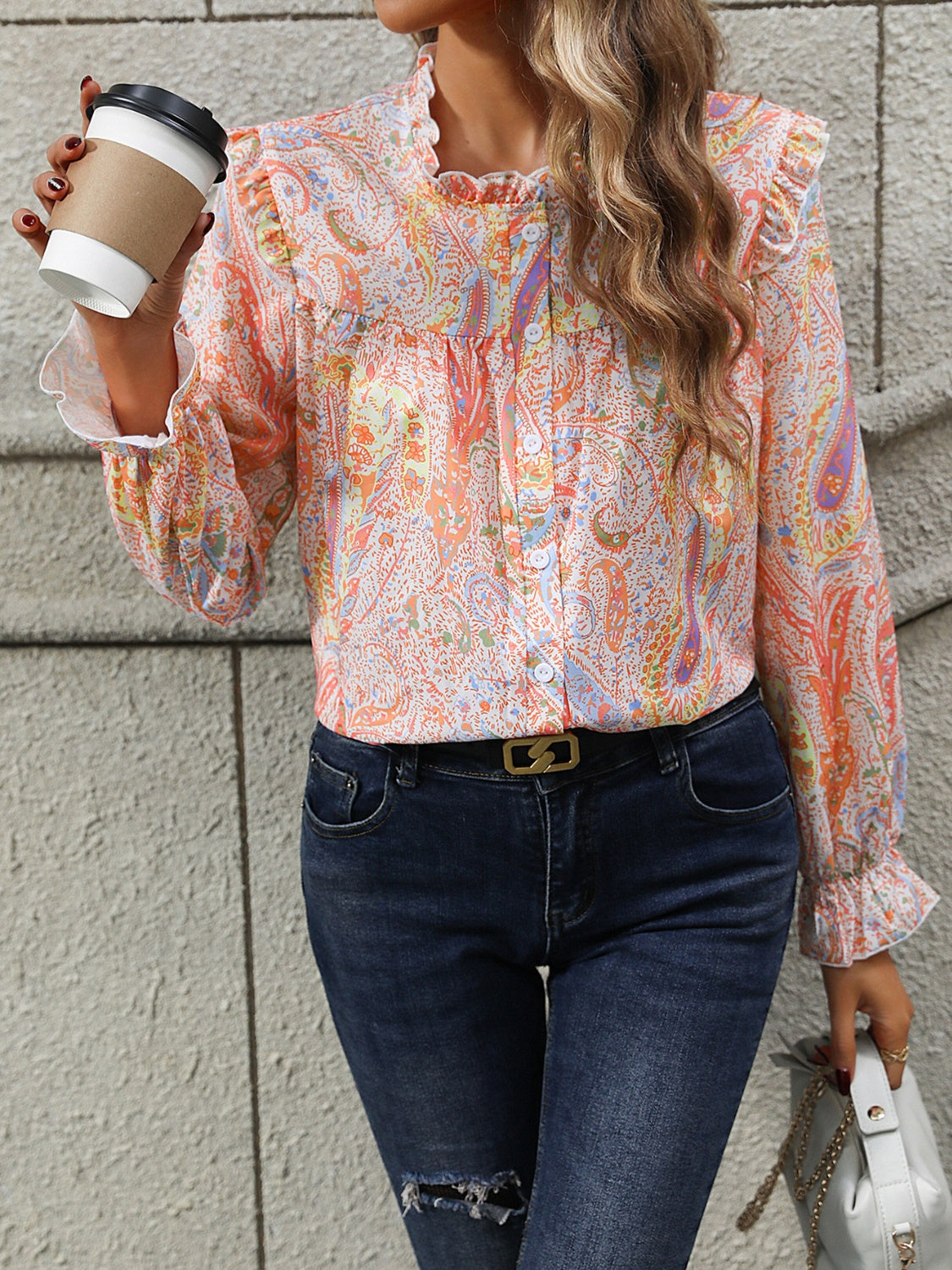 Frill Printed Mock Neck Long Sleeve Shirt | Augie & April