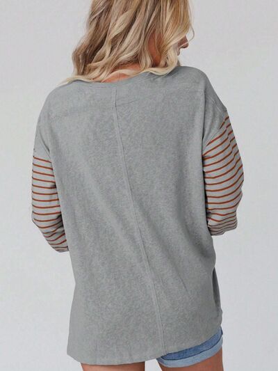 Round Neck Striped Long Sleeve Slit T-Shirt - Casual and Comfortable