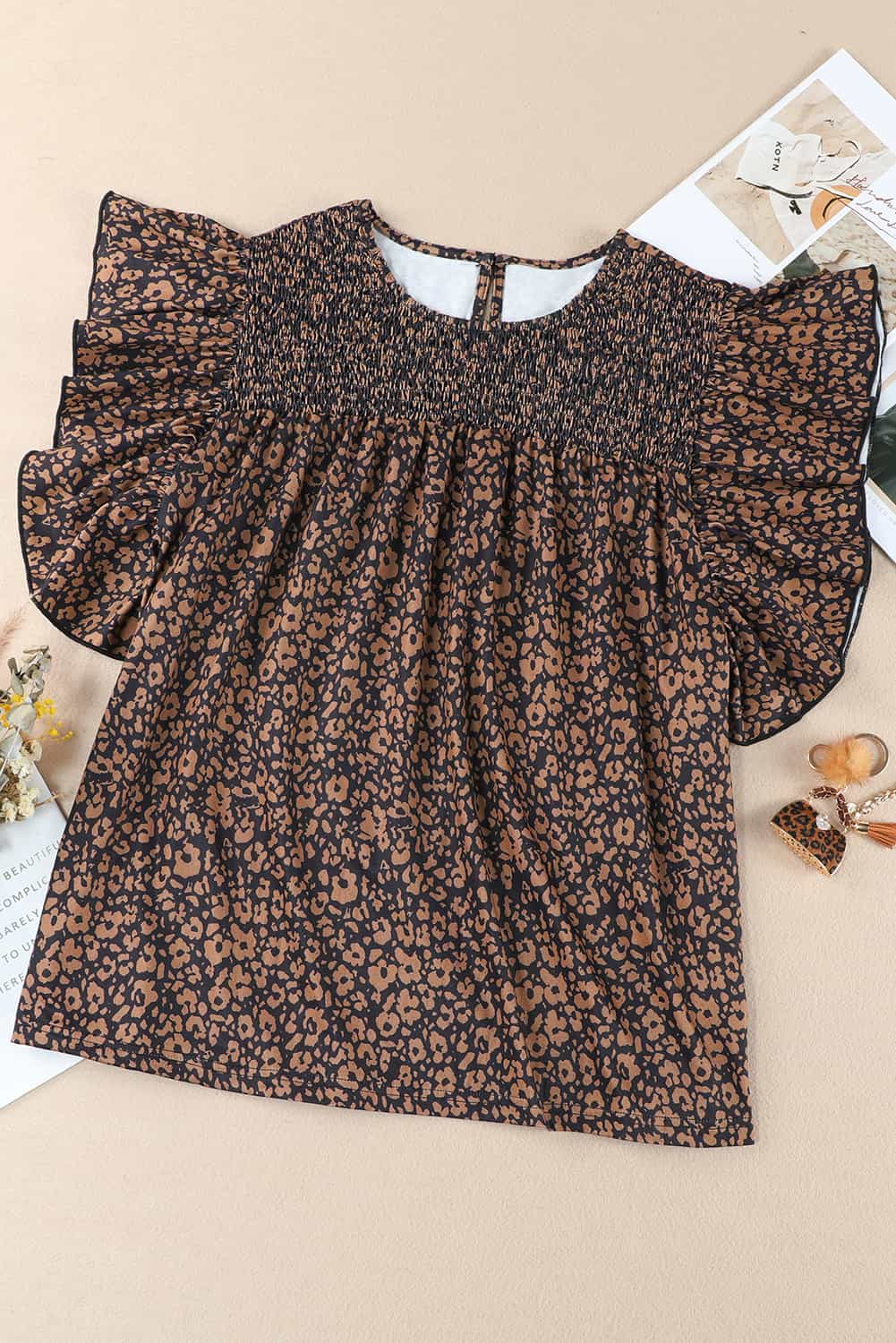 Plus Size Printed Smocked Butterfly Sleeve Blouse