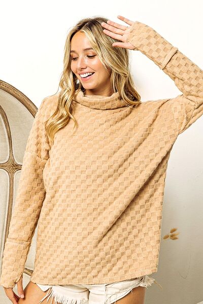 Checkered Round Neck Thumbhole Long Sleeve Top - Stylish and Practical | Augie & April