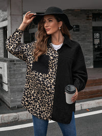 Leopard Print Collared Neck Contrast Color Dropped Shoulder Shirt | Augie & April