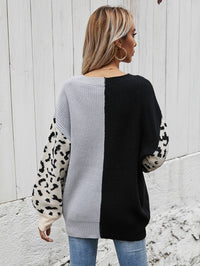 Woven Right Leopard Color Block V-Neck Tunic Pullover Sweater