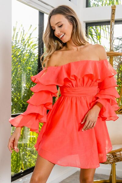 Off Shoulder Layered Long Sleeve Ruched Dress | Augie & April 
