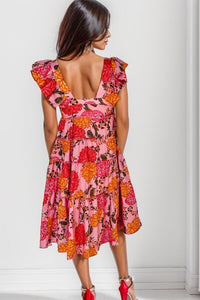 Ruffled Floral Square Neck Tiered Dress