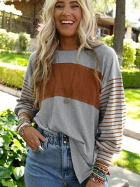 Round Neck Striped Long Sleeve Slit T-Shirt - Casual and Comfortable