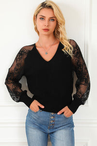 Ribbed Trim Lace Lantern Sleeve Knit Top