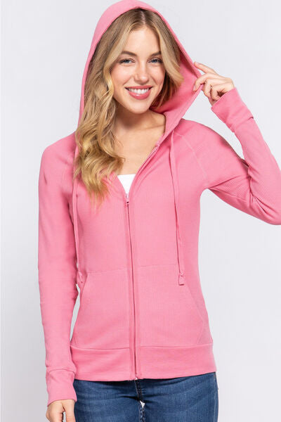 ACTIVE BASIC Waffle Knit Drawstring Zip Up Long Sleeve Hoodie | Cozy Comfort & Casual Style | Augie & April