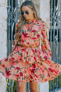 Floral Tie Neck Long Sleeve Layered Dress