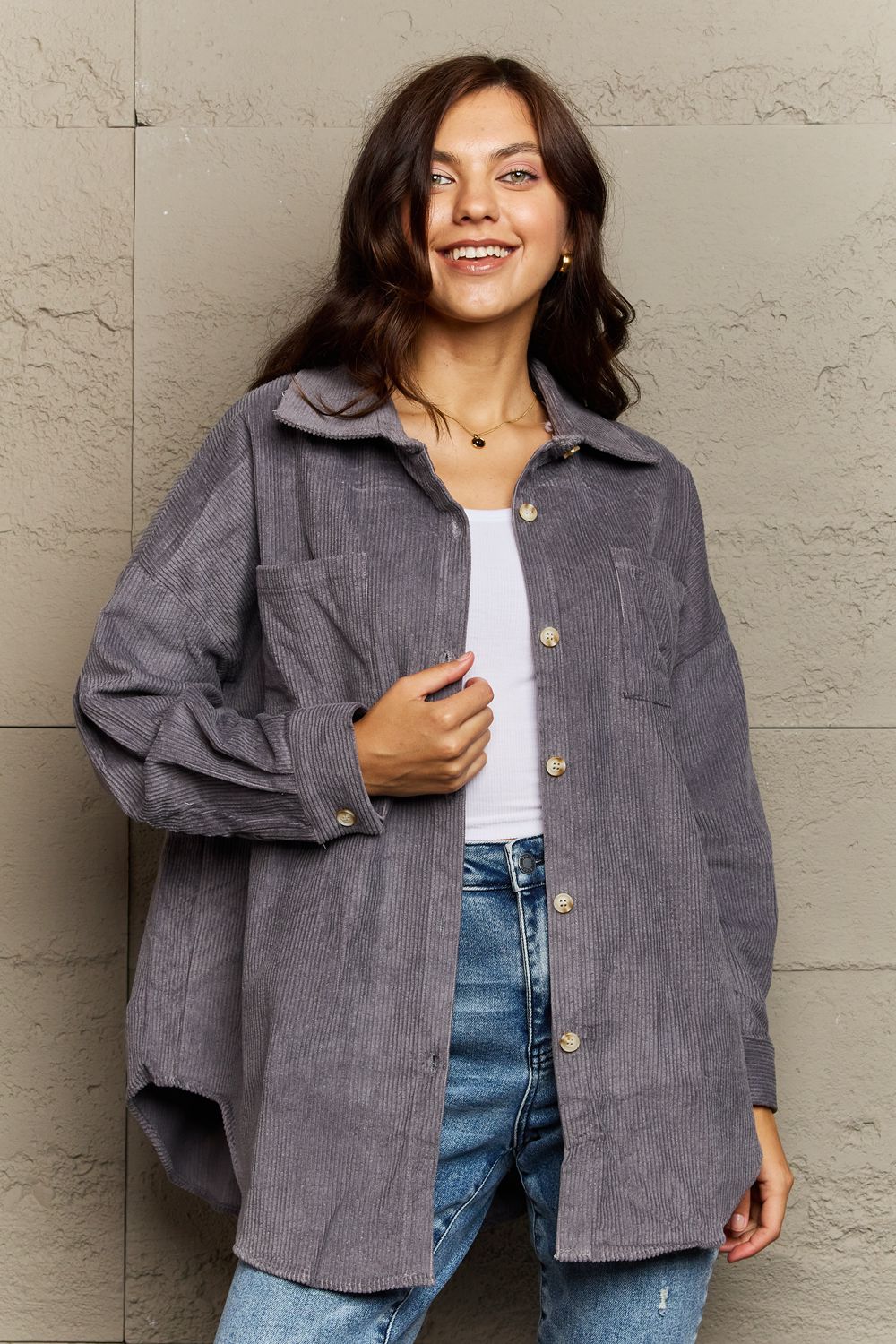 Full Size Collared Neck Dropped Shoulder Button-Down Jacket
