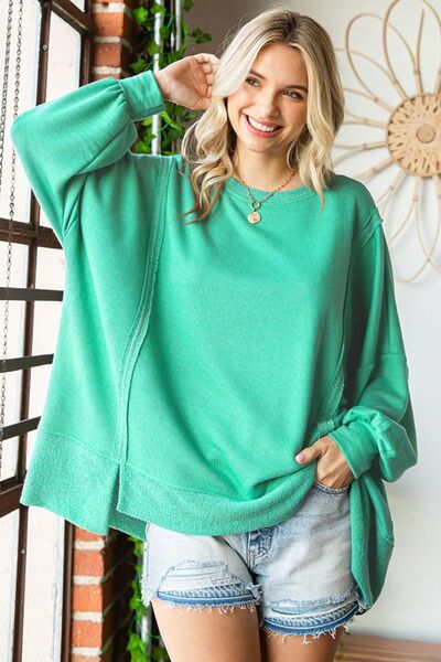 First Love Exposed Seam Round Neck Dropped Shoulder Blouse