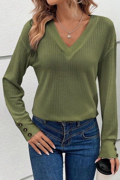 Decorative Button V-Neck Long Sleeve T-Shirt | Chic & Sophisticated | Augie & April