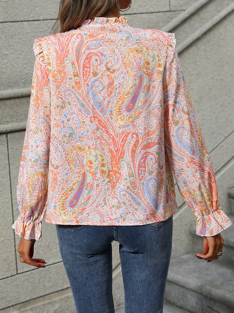 Frill Printed Mock Neck Long Sleeve Shirt | Augie & April