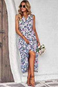 Floral Belted Surplice Sleeveless Tiered Dress