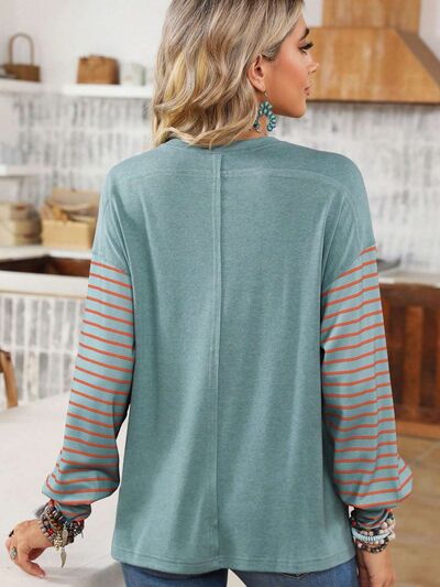 Round Neck Striped Long Sleeve Slit T-Shirt