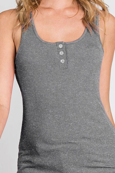 Ninexis Front Button Ribbed Round Neck Tank