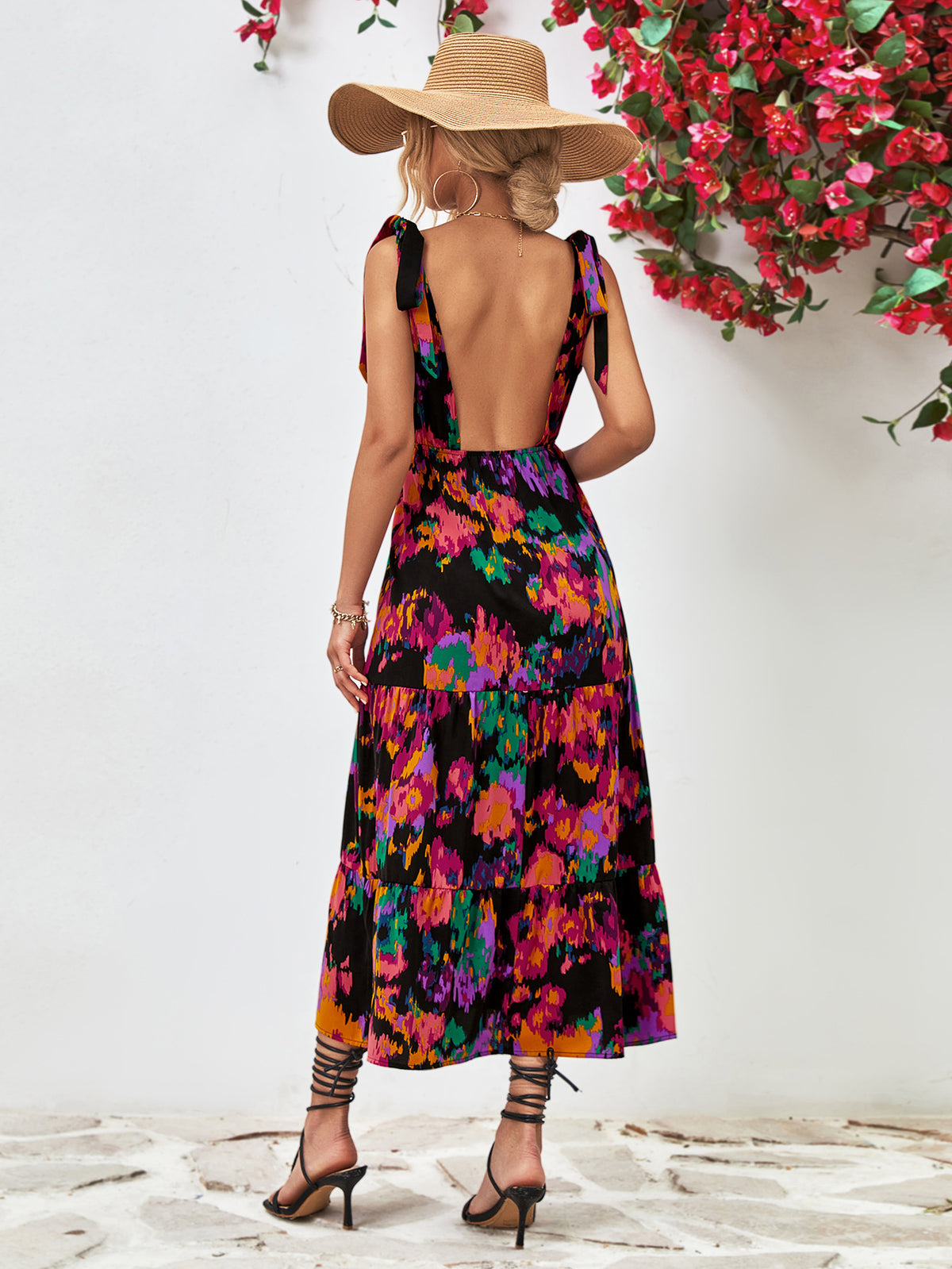 Multicolored V-Neck Backless Midi Dress