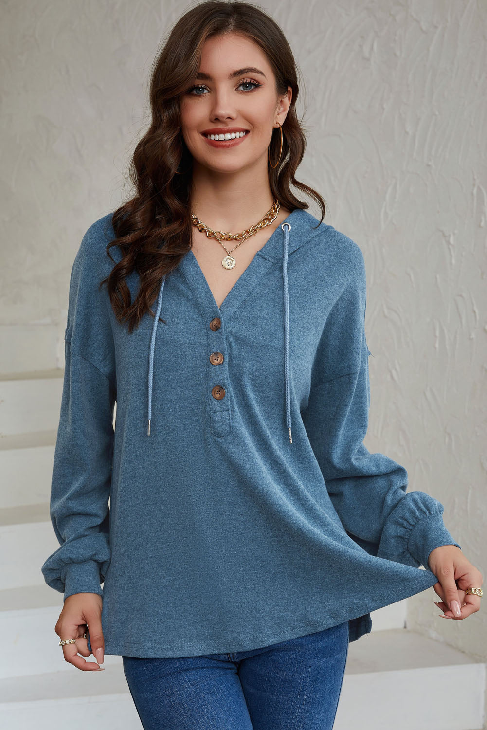 Full Size Buttoned Drop Shoulder High-Low Hoodie