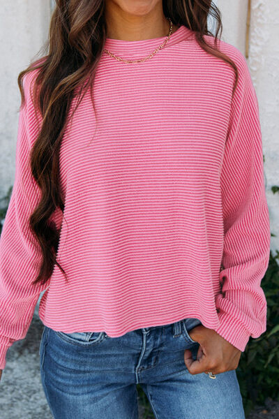 Striped Round Neck Long Sleeve Blouse
