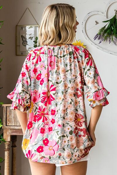 First Love Printed Tie Neck Flounce Sleeve Blouse
